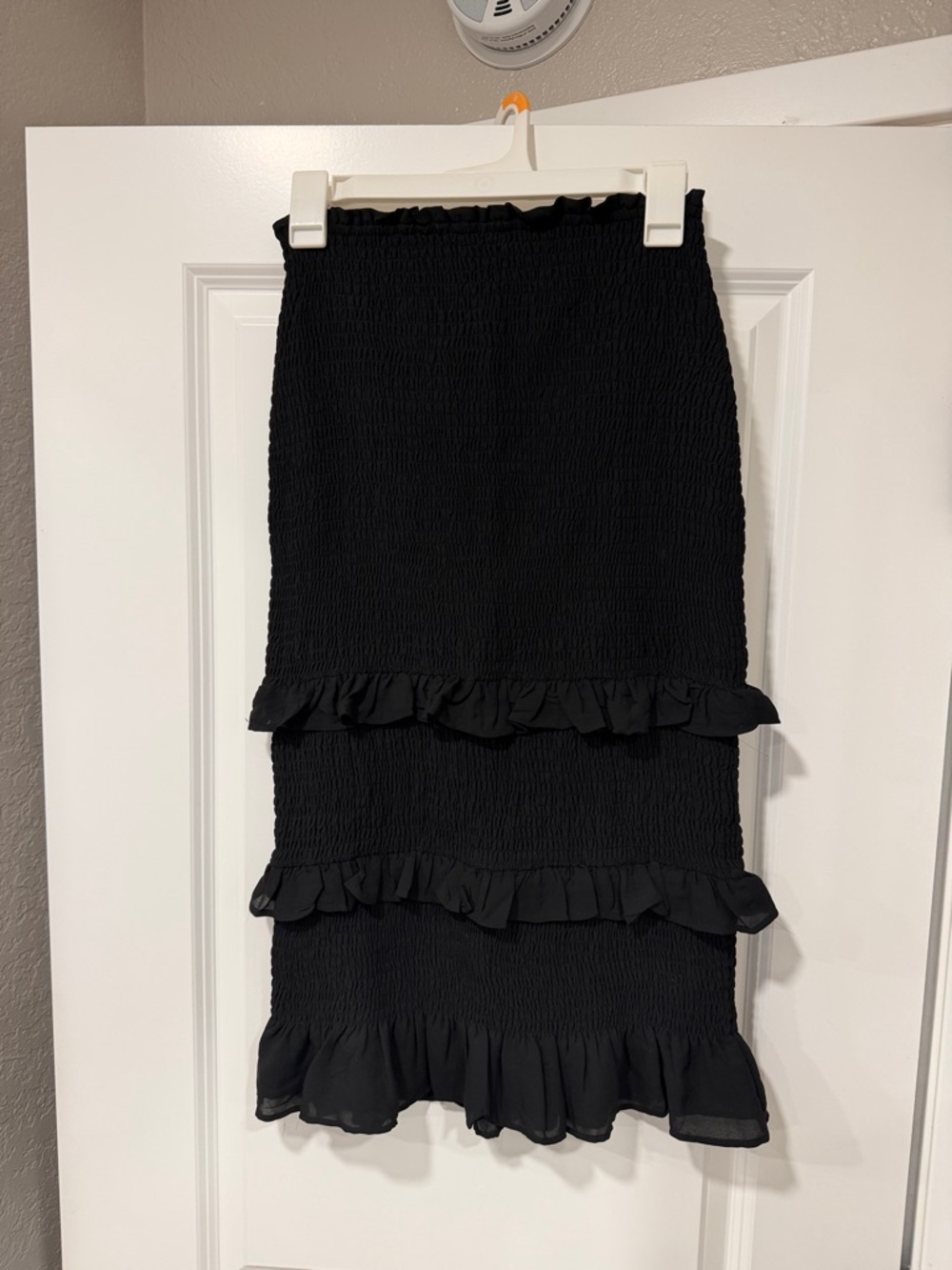 Abercrombie & Fitch Black Smocked Midi Skirt with Ruffle Tiers